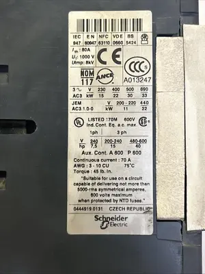 Used TELEMECANIQUE LC1D5011 Miscellaneous Equipment (Electrical & Power) Ohio US | Surplus Asset Holdings #1240140