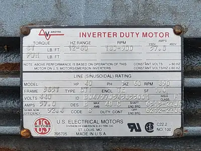 40 hp, 440 volts, 890 rpm, 365T Inverter Duty Motor