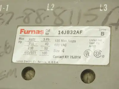 Furnas 14JB32AF NEMA Size 4 Motor Starter 100A 575VAC 25Hp 230/460V Coil