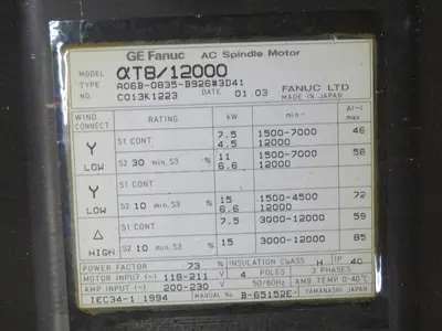 Used FANUC AT8/12000 A06B-0835-B926#3D41 Servo Motors Texas US | Aucto #1307324