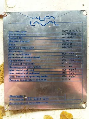 Alfa-Laval BWPX 307 TGD-71 oil concentrator module, SS.