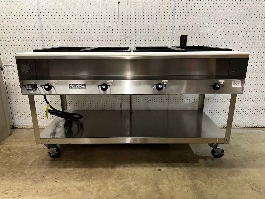 Used Vollrath Used 61" Vollrath Servewell 4 well Stainless Steel Steam Table 120V 2800W - TH1 Steam Tables (Food) Illinois US | Falcon Restaurant Supply #1374928