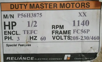 NEW RELIANCE ELECTRIC P56H3875 MOTOR 1/2HP 208-230/460V 1140RPM 5/8" DIA.