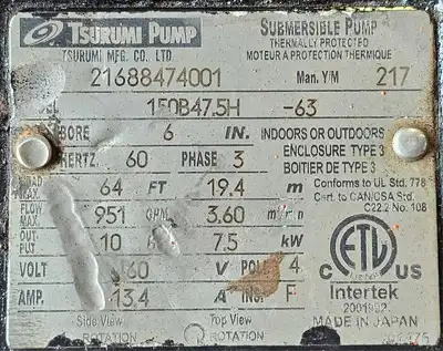 USED Tsurumi Submersible pump 150B47.5H -63