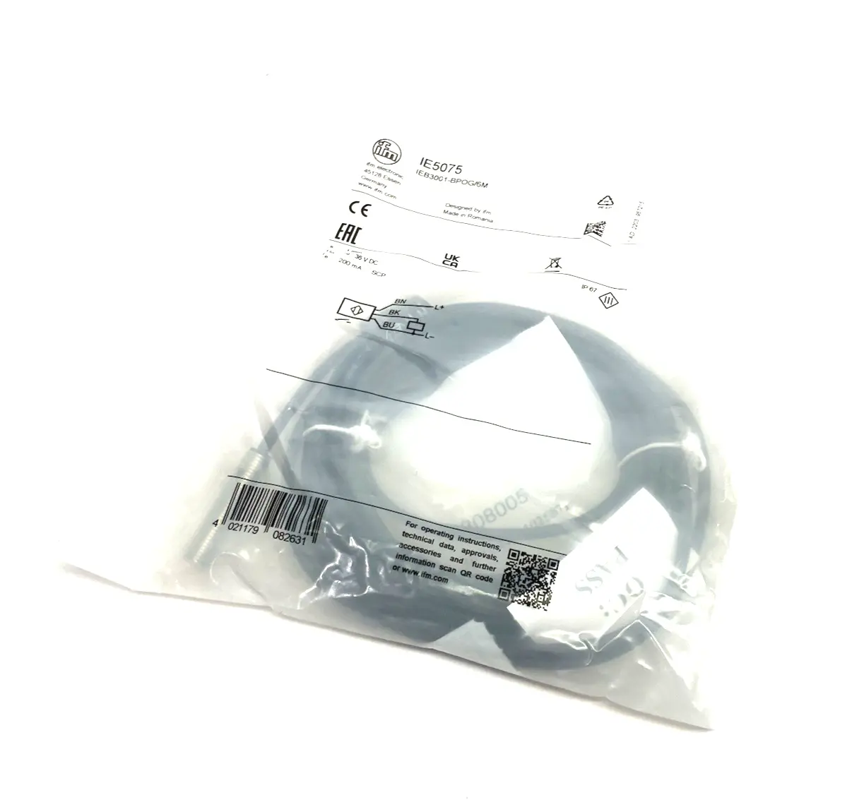 NEW IFM SHORT HOUSING INDUCTIVE SENSOR, 6M PVC CABLE, PNP NO
