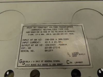 Sola 23-28-275-6 CVS Power Transformer 7500VA HV 240/480V LV 120/240V