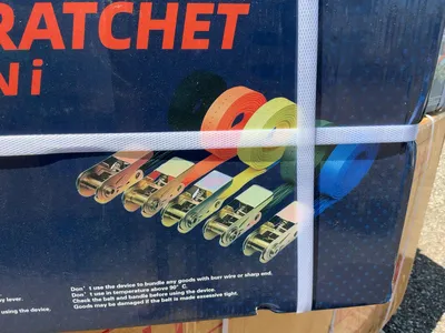 Lot of (100) New SDLANCH 1” Wide Straps with Ratchets Attached, 5 Meter Long, for looping around ite...
