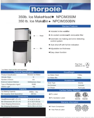 New | in-Stock FalconRestaurantSupply New Norpole 280lb. Stainless Cube-Style Ice Maker with Bin NPCIM280 Ice Machines Illinois US | Falcon Restaurant Supply #1376804
