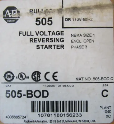 ALLEN BRADLEY 505-BOD REVERSING STARTER SIZE 1 SER.C 505BOD NEW SURPLUS