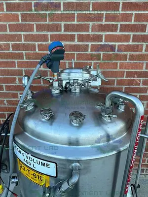 USED PRECISION STAINLESS 450 LITER STAINLESS STEEL JACKETED REACTOR 45 PSI, 3/4 MOTOR