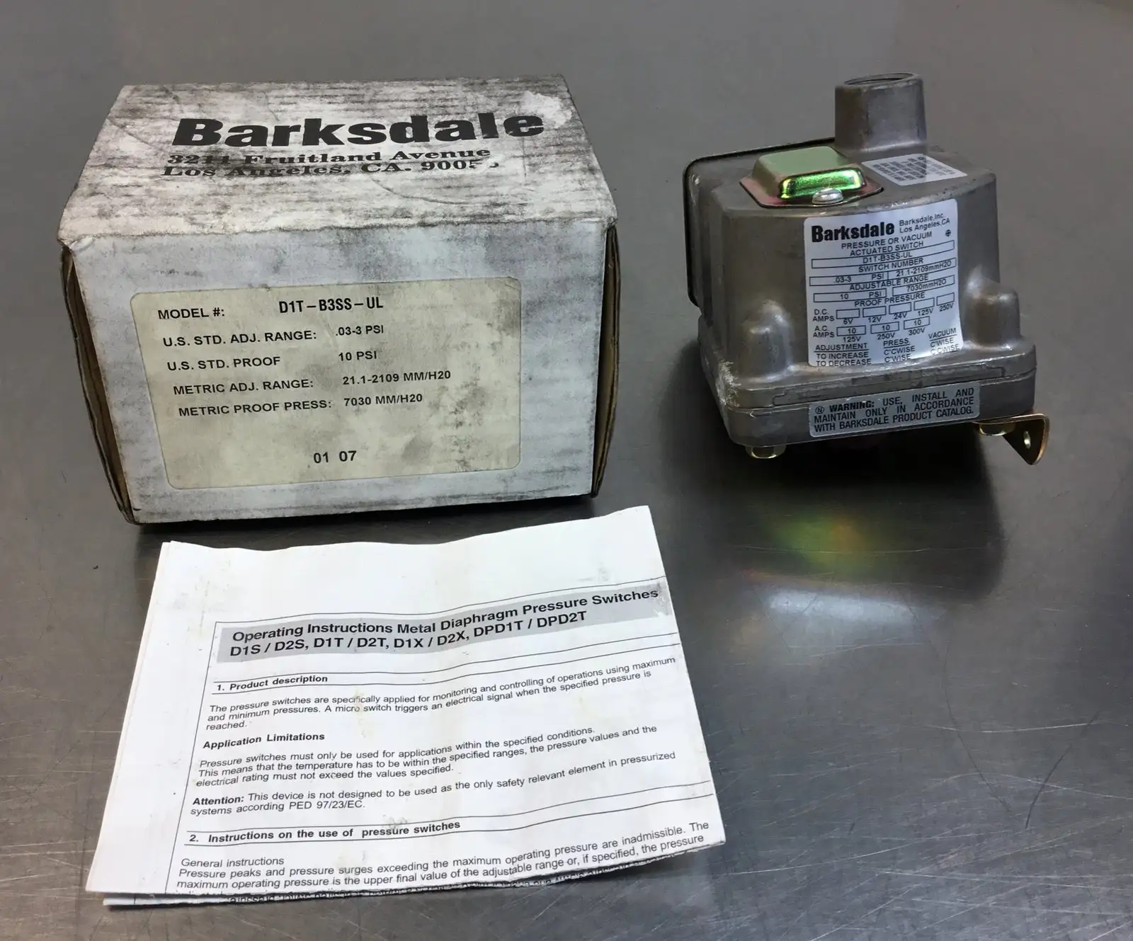 BARKSDALE D1T-B3SS-UL Pressure Or Vacuum Actuated Switch 6D