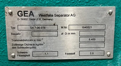 Westfalia SA 7-06-076 clarifier centrifuge, 316SS.