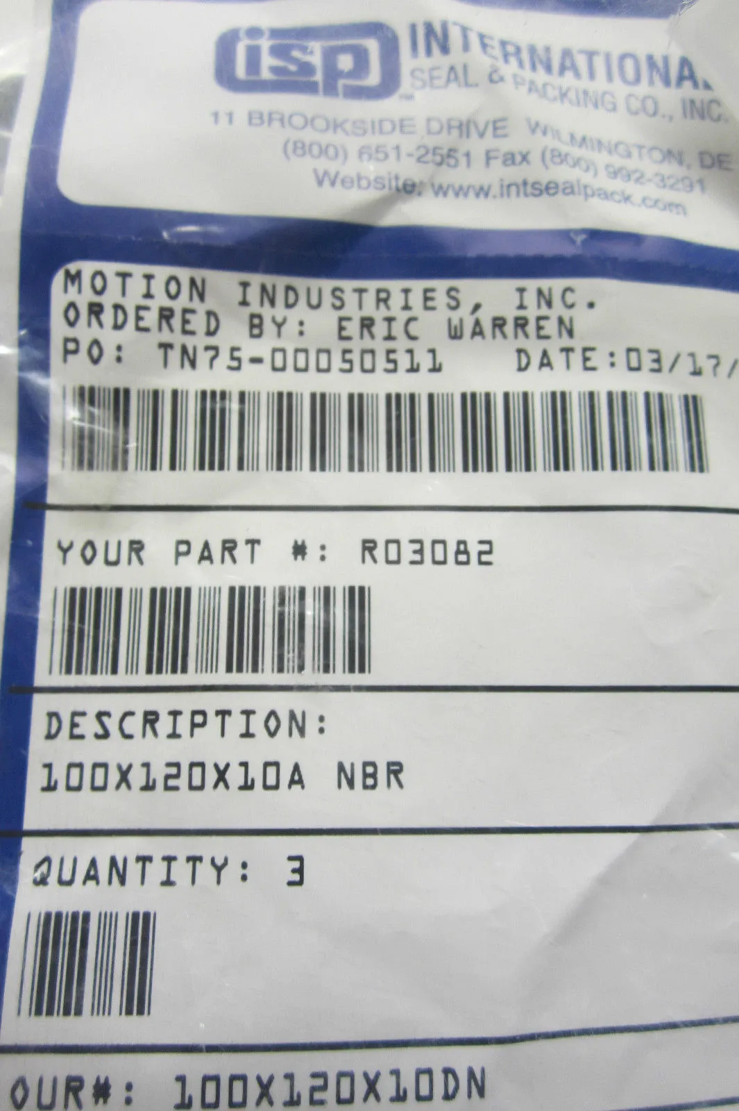 NEW INTERNATIONAL SEAL & PACKING R03082 SEAL KIT 100X120X10DN
