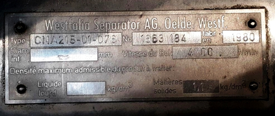 Westfalia CNA 215-01-076 bacteria separator, 316SS.