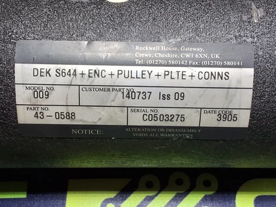 ROCKWELL DEK S644+ENC+PULLEY+PLTE+CONNS DC MOTOR 43-0588