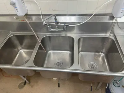 Used Falcon Restaurant Supply Used 95" L Shaped Stainless Steel 3 Compartment Sink Sinks Illinois US | Falcon Restaurant Supply #1375226