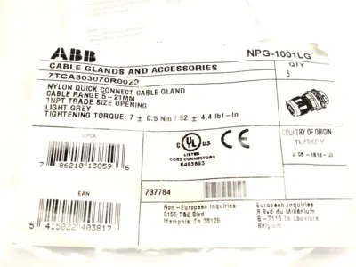 NPG-1001LG, 7TCA303070R0029 | ABB NPG-1001LG Nylon Quick Connect Cable Gland 1" Thread 18-25mm Range LOT OF 4 - New Other