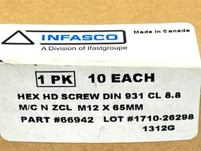 New | in-Stock INFASCO HEX HD SCREW DIN 931 CL 8.8 M/C N ZCL M12X65MM Nuts & Screws | Maverick Industrial Sales #1108379