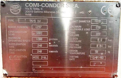 Comi-Condor TM/S-IV 1000 ATEX perforate basket centrifuge, 316L SS.