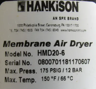 NEW HANKISON HMD20-6 MEMBRANE AIR DRYER 3/4" 3240922 HMD206