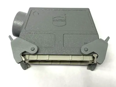 USED AMPHENOL CONNECTOR W/ HARTING SIDE ENTRY HOOD M32 MISSING SCREW