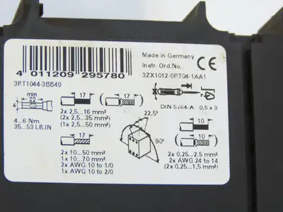 Siemens 3RT1044-3BB40 3P 65A Power Contactor W/3RH1921-2FA22 Coil 24V