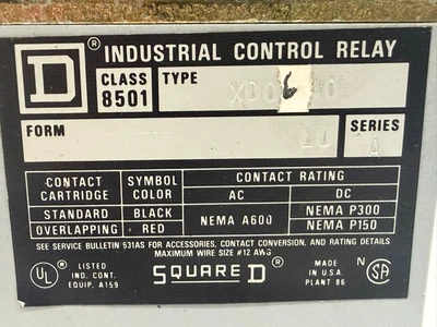 NEW SQUARE D 8501XD060 DC CONTROL RELAY SER. A 8501XD060