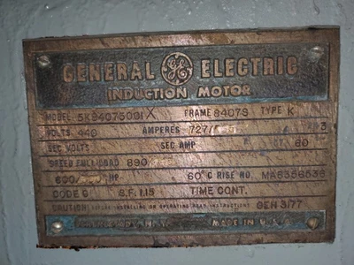 GE Motor 600 HP 890 RPM 440 VAC