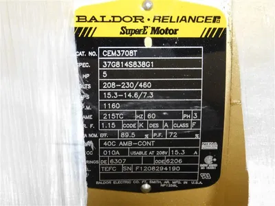 5 HP Baldor Reliance CEM3708T Super-E Motor 208-230/460 1160 RPM 1.15 SF New