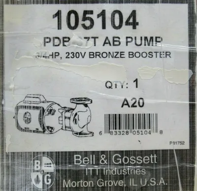NEW BELL & GOSSETT 105104 BRONZE BOOSTER PUMP PDP-37T B378T A20 3/4HP 230V