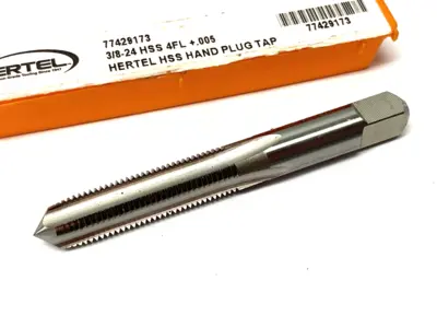 USED HERTEL STRAIGHT FLUTE TAP: 3/8-24 UNF, 4 FLUTE, PLUG CHAMFER, HIGH-SPEED