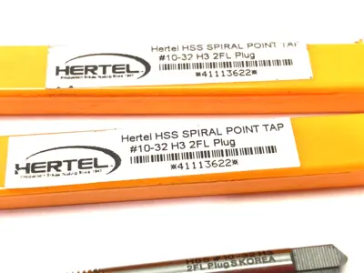 USED HERTEL SPIRAL POINT TAP: #10-32 UNF, 2 FLUTES, PLUG CHAMFER