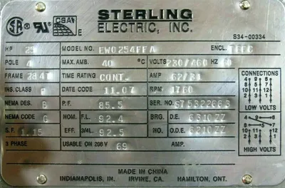 NEW STERLING ELECTRIC EW0254FFA MOTOR 25HP 230/460V 1760RPM 1-7/8" DIA. 284T