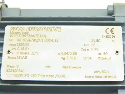 Sew Eurodrive W20 DR63M4/EH1A Gearmotor .18kw 24.5:1 54rpm 230/400V Dual Shaft