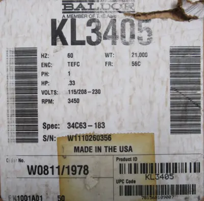 NEW BALDOR KL3405 MOTOR .33HP 115/208-230V 3450RPM 56C