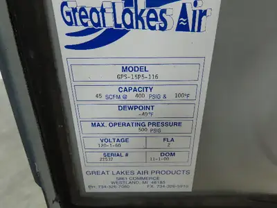 Great Lakes Air GPS-15P5-116 Desiccant Air Dryer 45 SCFM @400 psi & 100°F, 120v