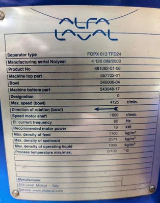 Alfa-Laval FOPX 613 TFD-24 oil purifier, SS.
