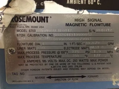 ROSEMOUNT HIGH SIGNAL MAGNETIC FLOWTUBE MODEL 8703 THA040S1L1F0112, SIZE 4"