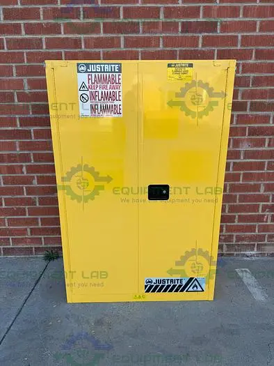 Used JUSTRITE 45 GALLON FLAMMABLE LIQUID STORAGE CABINET W/ SOFT CLOSE DOORS, KEY Biological Safety Cabinets | Equipment Lab #486635