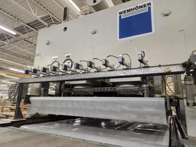 WEMHONER 5’ x 10’ SINGLE-OPENING SHORT-CYCLE FEED-THROUGH HOT PRESS WITH AUTOMATIC MATERIAL MEASURING/PRESSURE SYSTEM
