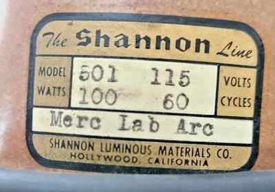 Light Source Lightning SHANNON LUMINOUS 501 115 VOLTS 100 WATTS Merc Lab Arc