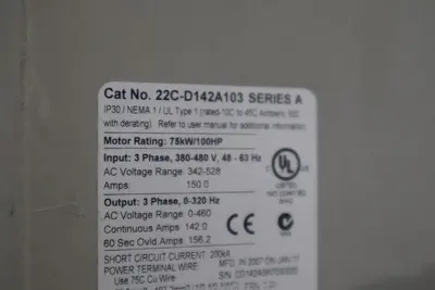 ALLEN BRADLEY 22C-D142A103 POWERFLEX 400 100HP STOCK S-570