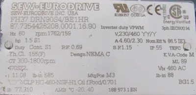 NEW SEW EURODRIVE FH37 DRN90S4/BE1HR GEARMOTOR 230/460V 11.08 FH37DRN90S4BE1HR
