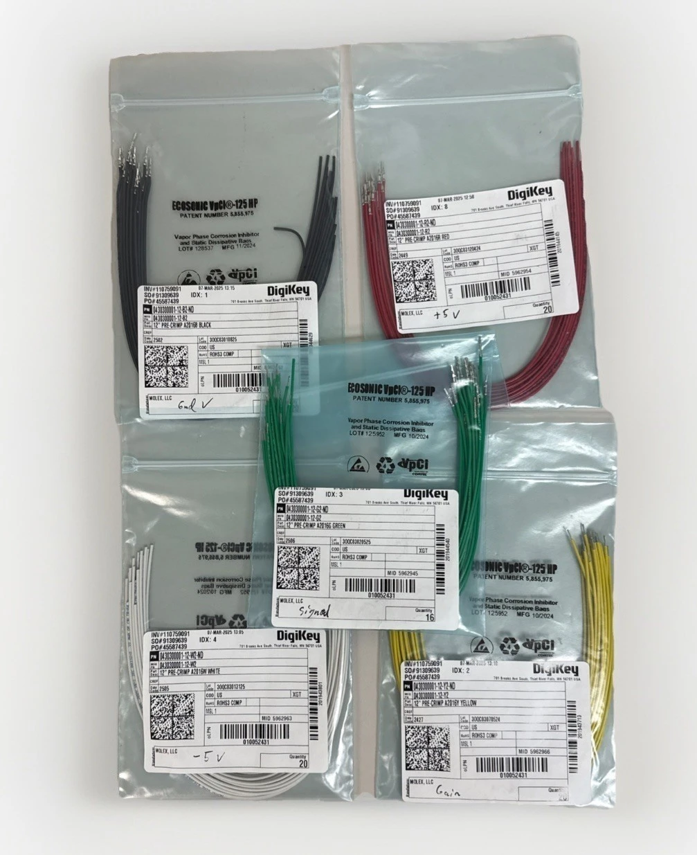 DigiKey 12 inch Pre-Crimp A2016 Lot Of 96 Pre-Crimp Leads Red White Green Black