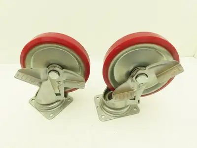 200x42mm 8" Red Polyurethane Swivel Plate Caster Wheel w/Brake J-200S  Lot of 2