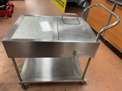 Used Falcon Restaurant Supply Used Stainless Steel Drink Serving Cart with Ice Bin, Drain and Caster Wheels Underbar Equipment Illinois US | Falcon Restaurant Supply #1376177
