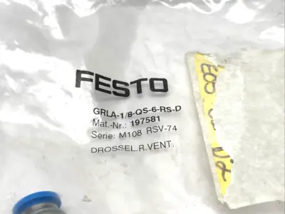 197581, GRLA-1/8-QS-6-RS-D | Festo GRLA-1/8-QS-6-RS-D One-Way Flow Control Valve, 6mm Tube OD, 197581 - New