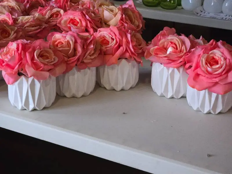 Lot of (5) Silk Faux Rose Boquet Arrangement in White Ceramic Vase (pink)