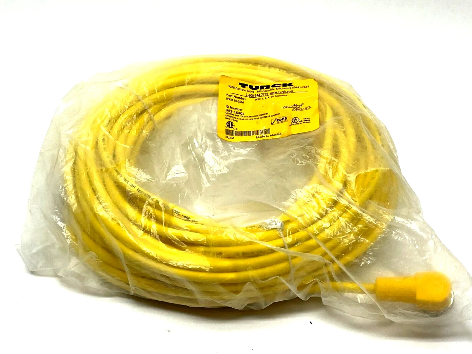 WKM 50-20M | Turck  Single Ended Cordset Right Angle 20m Length U99-16402 - New