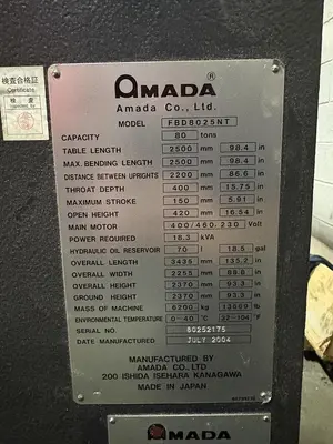 Used 2004 AMADA FBD-8025NT Press Brakes Ontario CA | Trader Machinery Inc #1519414
